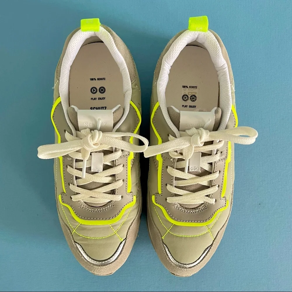 Schutz‎ Penny Quilted Grey & Green Trendy Retro Lace Up Sneakers
